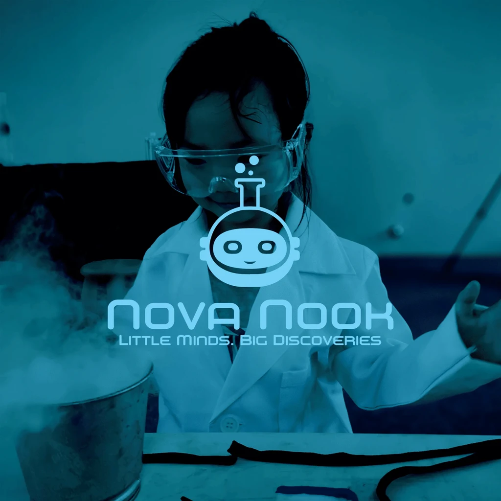 Nova Nook logo over a child in a lab coat